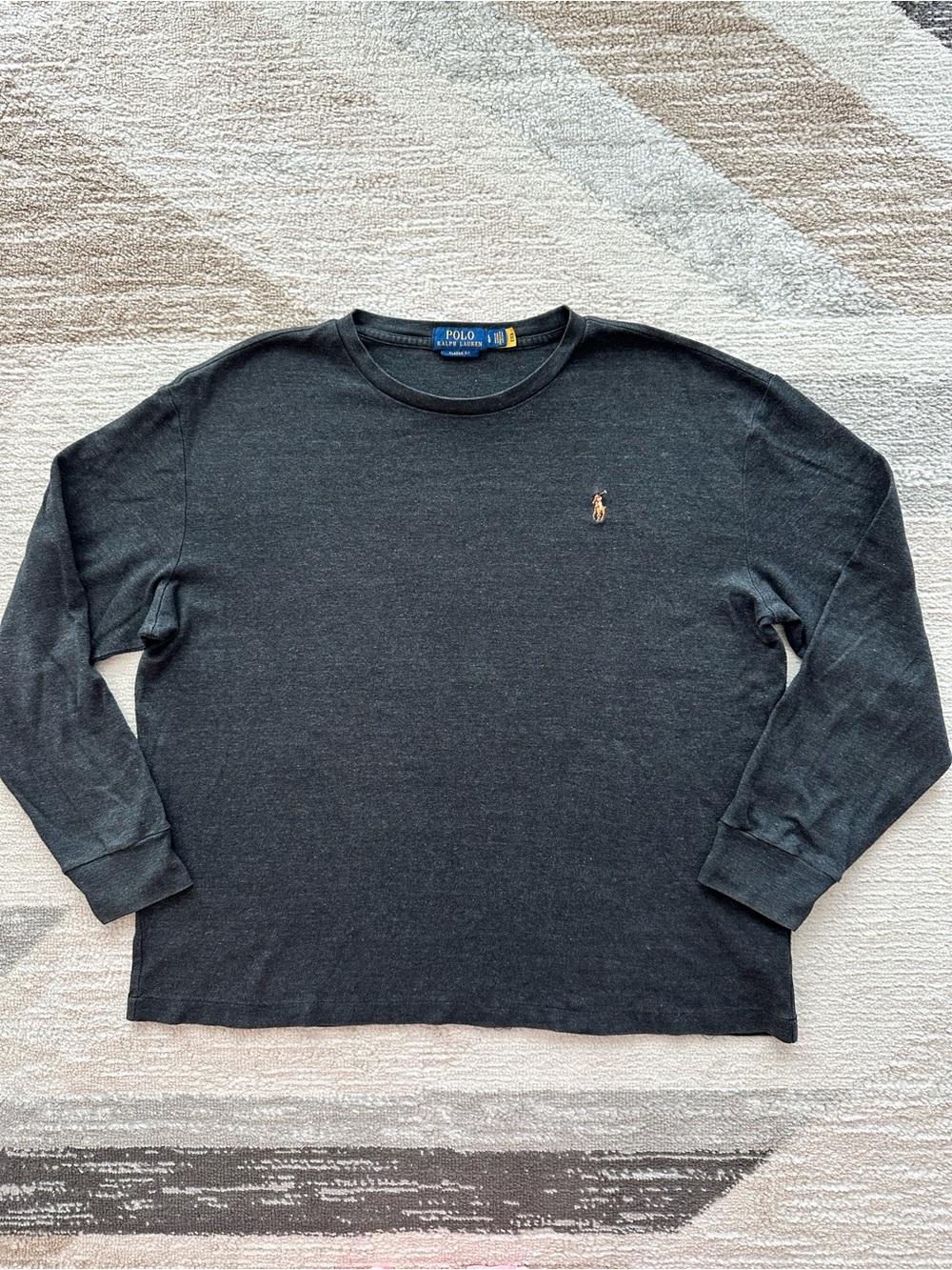 Polo Ralph Lauren Heathered Black Long Sleeve Crewneck Tee Classic Fit Size L